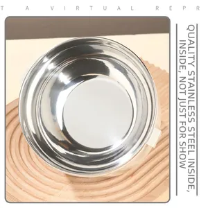 Polished double-wall stainless steel lunch box bowl on a wooden display stand