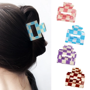 Checkered patterns square hair claws in pink blue purple and brown for women's styling