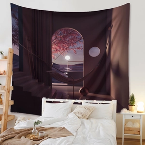 Detail of artistic tapestry featuring a surreal landscape moon and arch in a bedroom