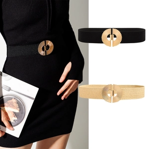 Women Fashion Elastic Waist Belt Metal Interlocking Buckle Beige PP Straw Woven Cinch Belt Black Stretchy Corset Belt For Dresses
