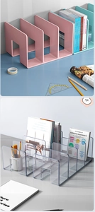 Close-up of pink, teal and clear acrylic desk organizers for books and magazines