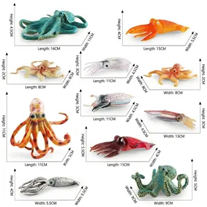 Realistic sea animal figurines including detailed octopus and squid models with dimensions