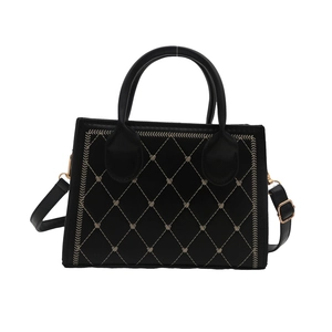 Vintage quilted black handbag with heart embroidery and golden hardware for women