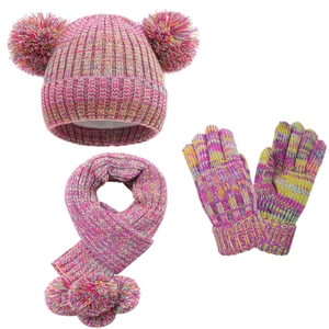 Kinder Winterset 3-teilig mit Bommelmütze, Schal und Handschuhen in Rosa meliertem Garn