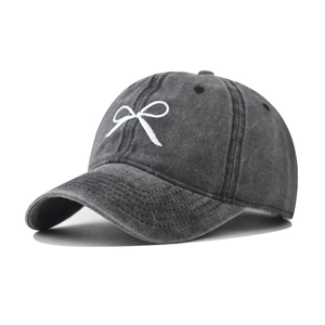 Vintage Washed Cotton Baseball Cap Bow Embroidery Distressed Sun Hat Adjustable Outdoor Retro Fashion Women