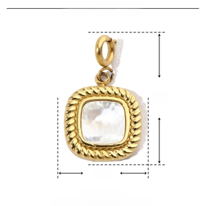 Square gold twisted frame pendant with white natural shell inlay and precise dimensions