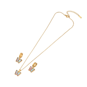 Golden butterfly jewelry set with iridescent wings including necklace and earrings