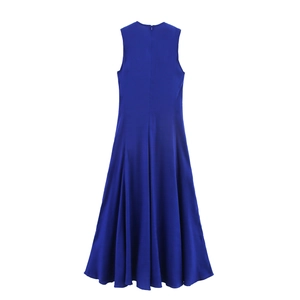 Elegant sleeveless blue satin maxi dress with A-line silhouette and hidden back zipper