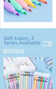Dual-tip macaron highlighter set with 6 colors and clear zipper pouch packaging