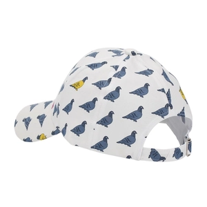 Detail of white baseball cap with pigeon print and adjustable silver metal buckle strap