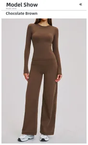 Full model view of women's chocolate brown yoga set with wide leg pants and long sleeve top