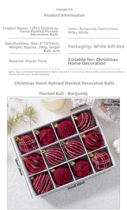 Detailed view of 12pcs velvet flocked Christmas ornaments in wine red with gift box