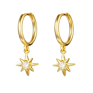 Gold star hoop earrings with sparkling zircon octagram charms for women