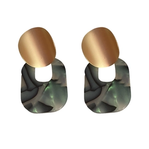 Vintage green marble acrylic and gold metal geometric drop earrings for women in a pair