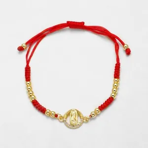 Handmade red braided cord bracelet with 18k gold plated beads and Virgin Mary pendant