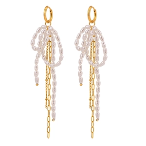 Elegant 18k gold-plated stainless steel pearl bow tassel earrings with long chain fringe