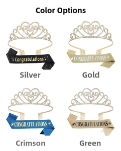 Four sets of rhinestone graduation tiaras and glitter sashes in black, gold, blue, and champagne
