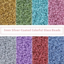 Detailed macro view of 3mm opal silver-lined iridescent glass seed beads in eight colors