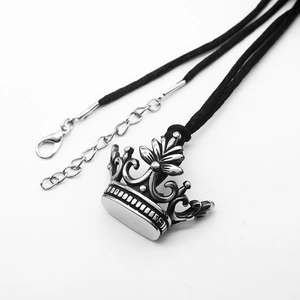 Gothic punk crown pendant necklace with black leather cord and polished silver steel finish