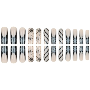 French press-on nails with Christmas snowflakes, silver stripes and crystal rhinestones