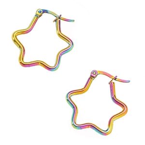 Colorful star-shaped titanium steel hoop earrings with iridescent rainbow plating finish