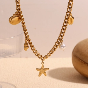 18K gold plated stainless steel ocean necklace with shell starfish and pearl charms