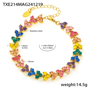 Macro detail of rainbow zircon rainbow bracelet in 18K gold-plated stainless steel