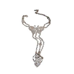 Sparkling silver butterfly ring-bracelet combo with crystals and adjustable chain