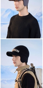 Outdoor winter knit hats in grey and black featuring earflaps and a visor for warmth