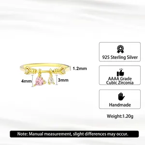 Gold plated S925 silver ring with pink heart and clear drop zircon charms