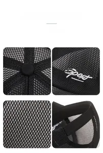 Detailed views of black mesh baseball cap featuring Sport embroidery and adjustable strap
