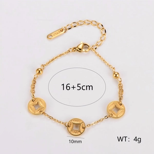 Gold 18KGP chain bracelet with three 10mm hollow coin pendants and adjustable end