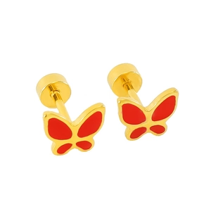 Detail of gold butterfly stud earrings with red enamel finish and secure screw back closure