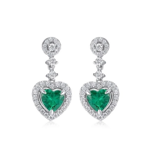 Elegant heart-shaped emerald green earrings set in silver with white gemstone halo