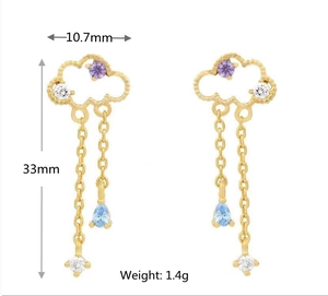 Detailed view of cloud tassel earrings with purple and blue zircons, size 10.7mm by 33mm