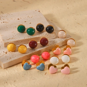 Colorful enamel heart and ball hoop earrings in 18K gold plated stainless steel