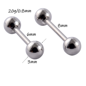 Stainless steel ball barbell earrings with 20g 0.8mm gauge in 6mm and 8mm lengths