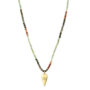 Detail of bohemian necklace with multi-color natural stones and gold evil eye pendant