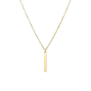 Detail of 14K gold plated rectangular bar pendant on a minimalist stainless steel chain