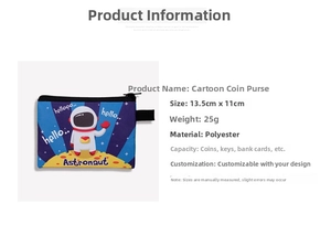 Polyester astronaut coin purse detail showing 13.5x11cm size for coins and keys