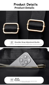 Detail of adjustable golden metal buckles and anti-theft back pocket on black oxford backpack