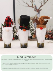 Three festive Christmas gnomes wine bottle covers featuring plaid caps and reindeer antlers