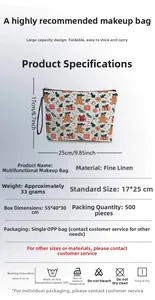 Detailed size and material specification chart for the gingerbread print toiletry bag