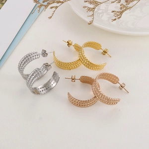 C-shaped woven wheat pattern hoop earrings in gold, silver, and rose gold finishes
