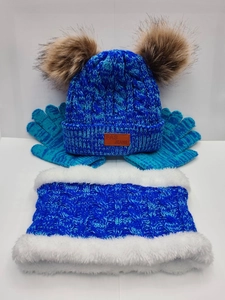 Three-piece winter knit set with blue pom-pom hat, fleece-lined scarf, and gloves