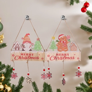 Christmas Wooden Hanging Sign Plaque With Gnome Gingerbread Man Pattern Merry Christmas Print For Home Wall Door Decor