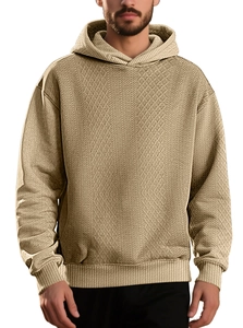 Men's spring loose hoodie in beige with diamond jacquard knit texture and ribbed cuffs
