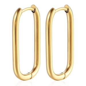 Detailed close-up of polished gold U-shaped oval huggie earrings in high-gloss stainless steel