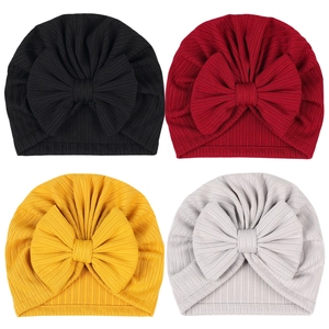 Elastic baby turban hats with large bows in black, burgundy, yellow and grey set
