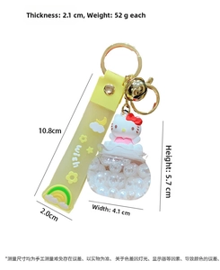 Detail view showing dimensions of a Hello Kitty acrylic liquid oil keychain with bell